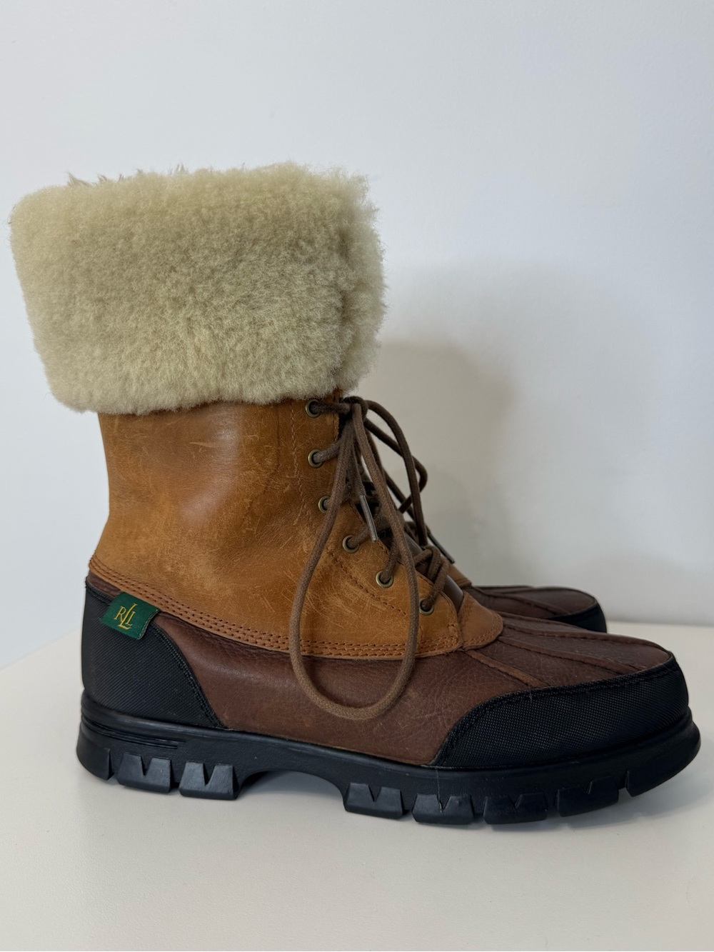 Lauren Ralph Lauren Quinta Leather Shearling Trim Winter Snow Boot Women Size 8.